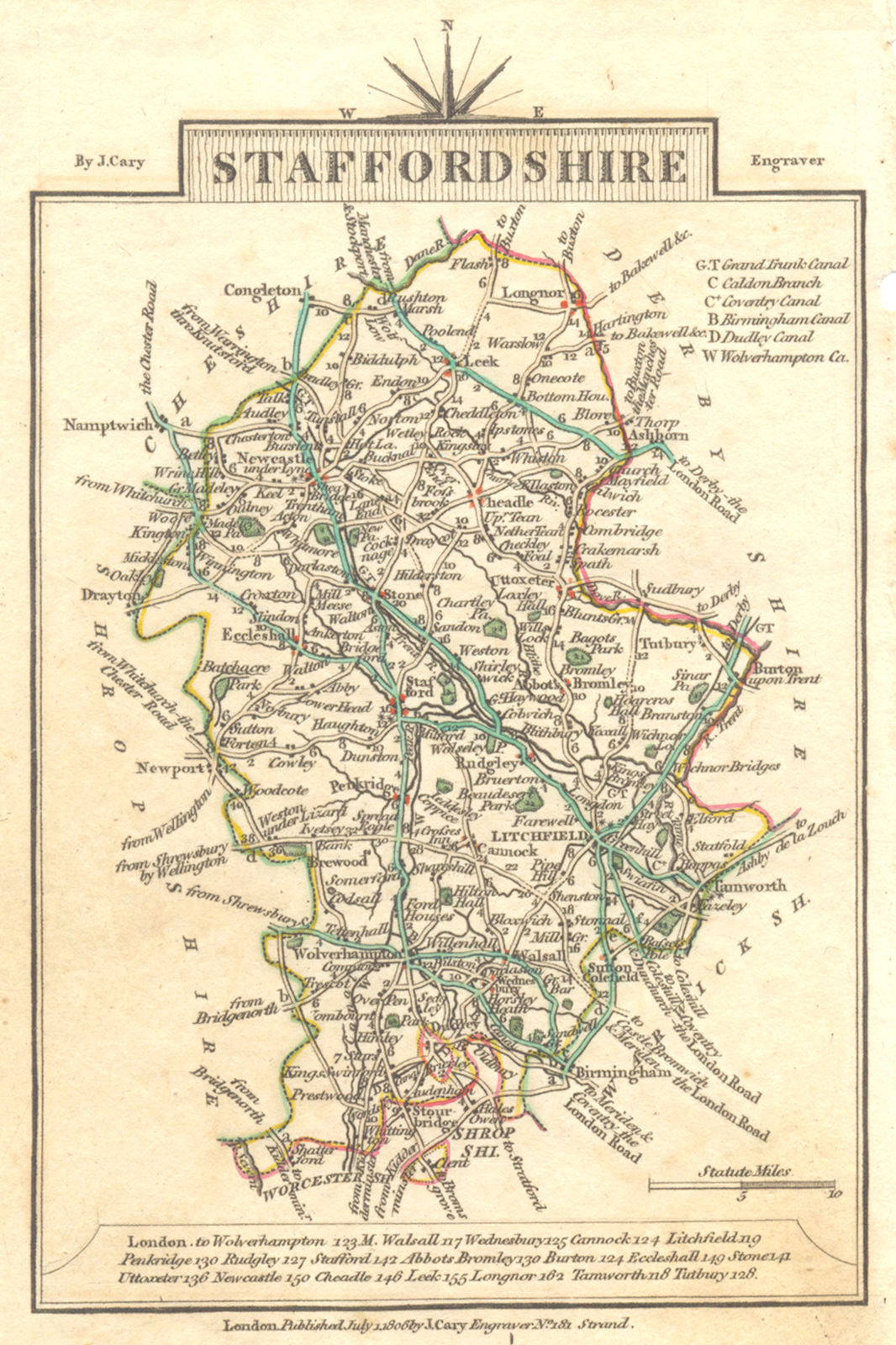 STAFFORDSHIRE. Staffs. Cary. Miniature. Original outline colour 1806 old map